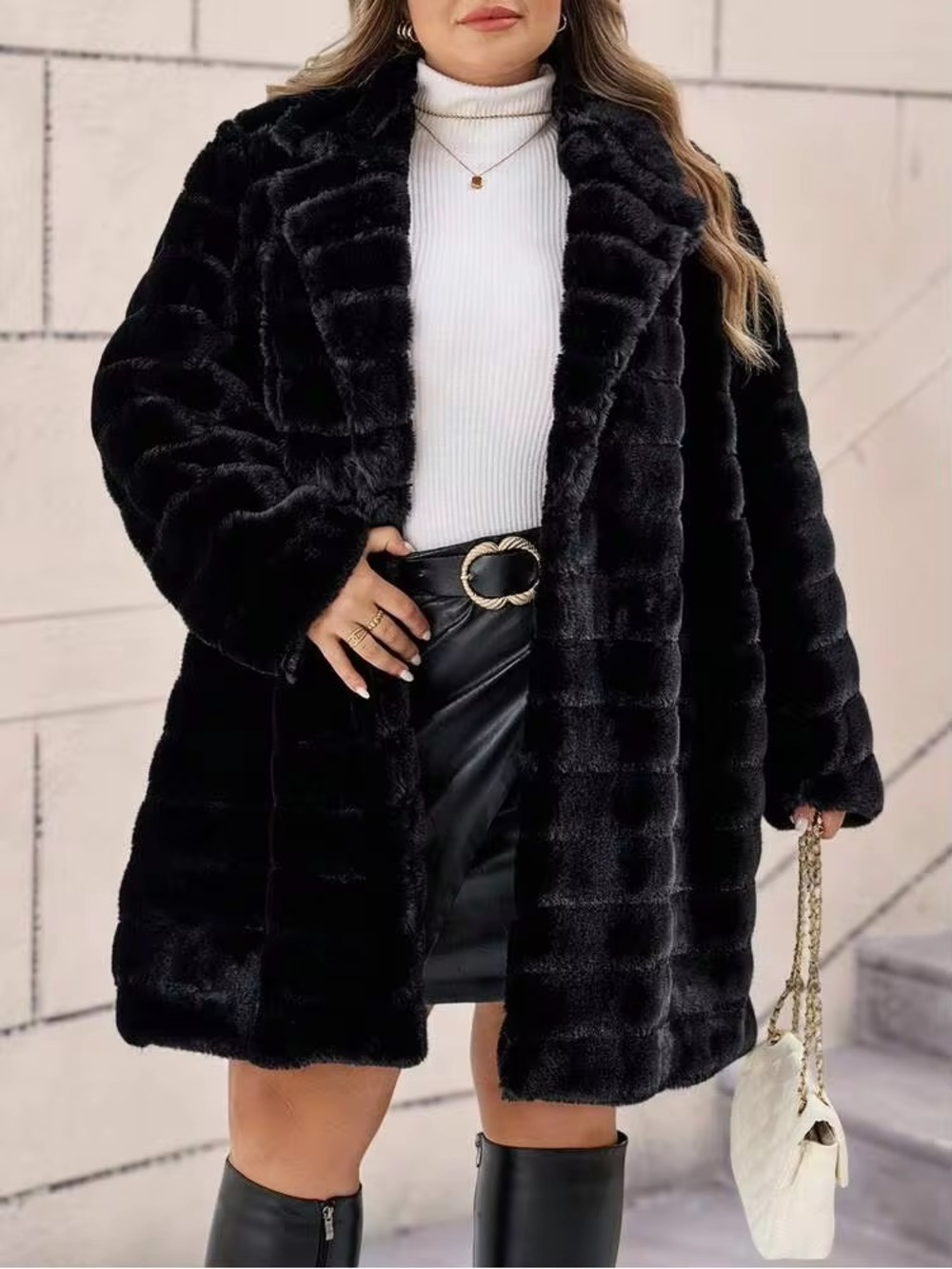 SHEIN CURVE+ Plus Size Women's Black Winter Elegant Faux Fur Coat 2XL